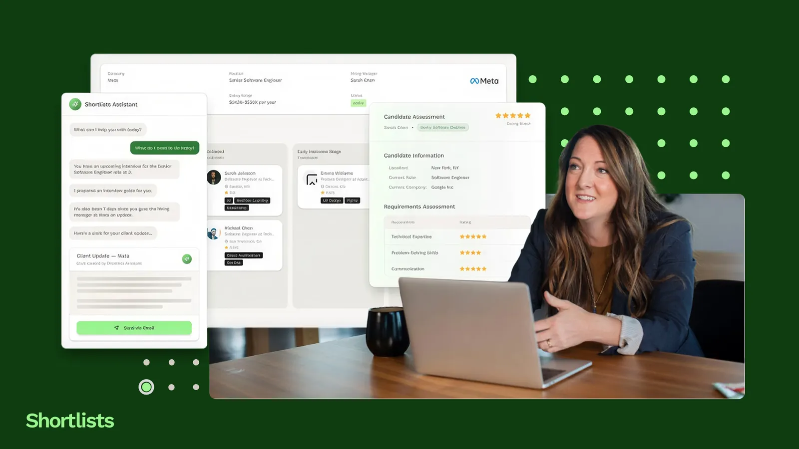 Hand-drawn Shortlists cover — four recruiting pipelines (clients, candidates, jobs, BD signals) flowing across one desk, with the line 'AI recruitment software, minus the hype.'
