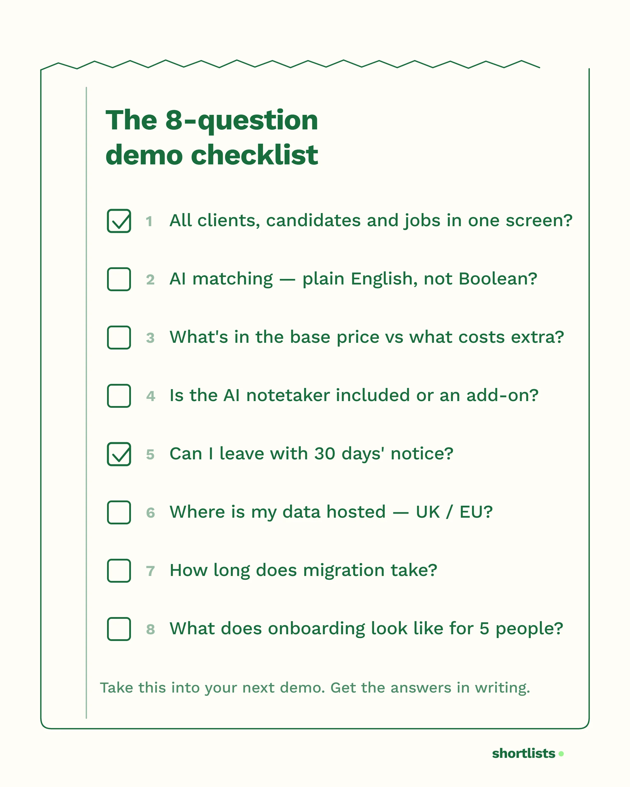 An eight-question checklist to take into a recruiting CRM demo.