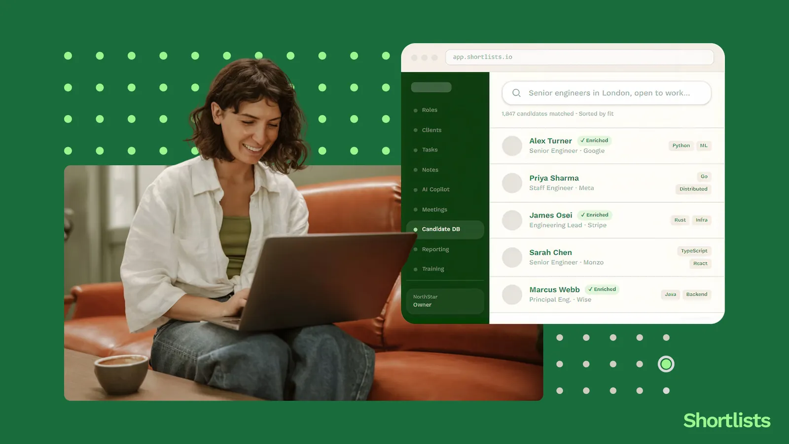 Four pipelines a recruiting CRM manages — clients, candidates, jobs, BD signals — illustrated in cream and dark green