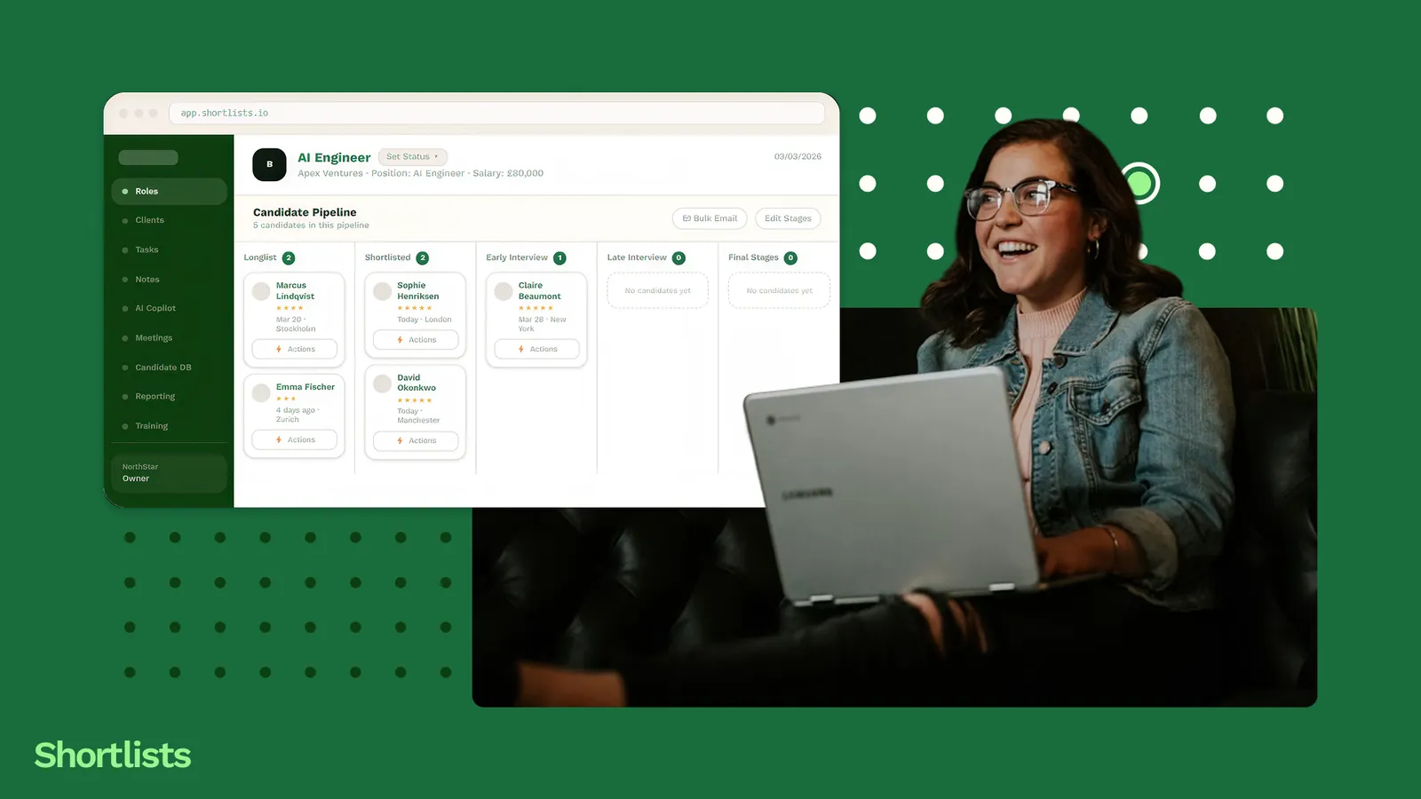 A recruiting CRM holding clients, candidates, and live jobs together in one place.